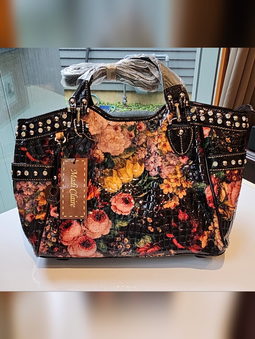 NWT M.C. Madi Claire Genuine Leather Studded Floral Croc Tote Bag